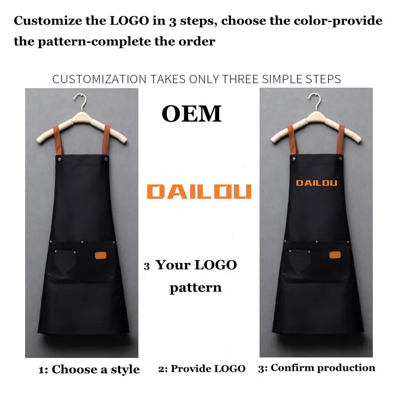 Customized personality logo signature men\'s and women\'s kitchen aprons home chef baking clothes with pockets adult bib waist bag