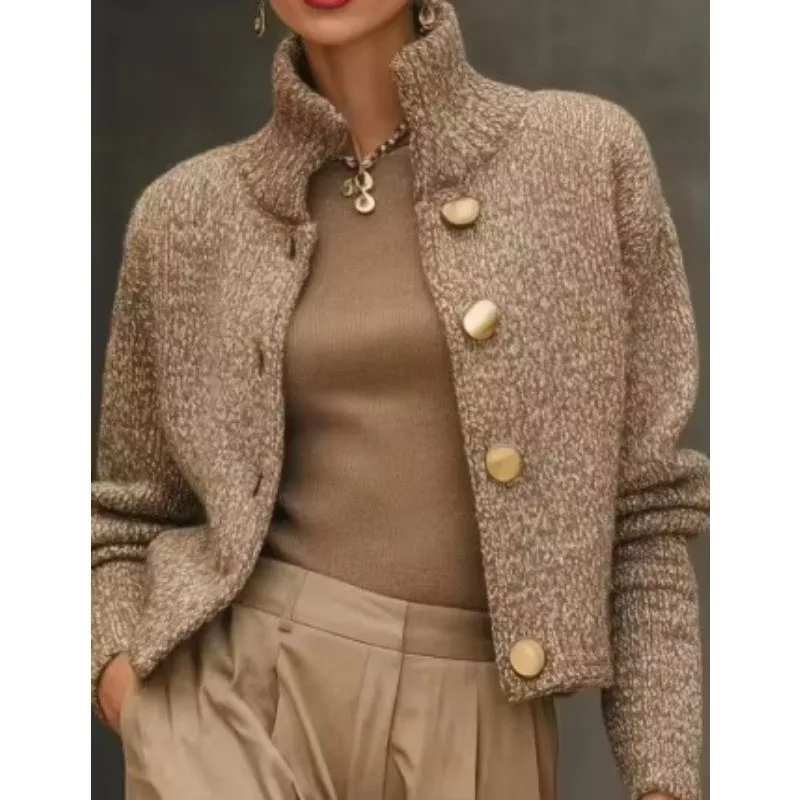 Camel High Neck Jacket Knit Cardigan Coat Elegant Fashion Button Down Long Sleeve Sweater Fall Winter Outerwear
