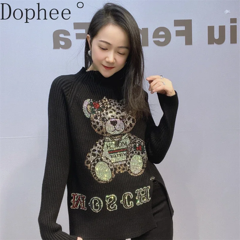 Half High Collar Women Knitting Basic Top New Autumn Winter Fashion Cute Bear Hot Drilling Pullover Top Stretch Slimming Sweater