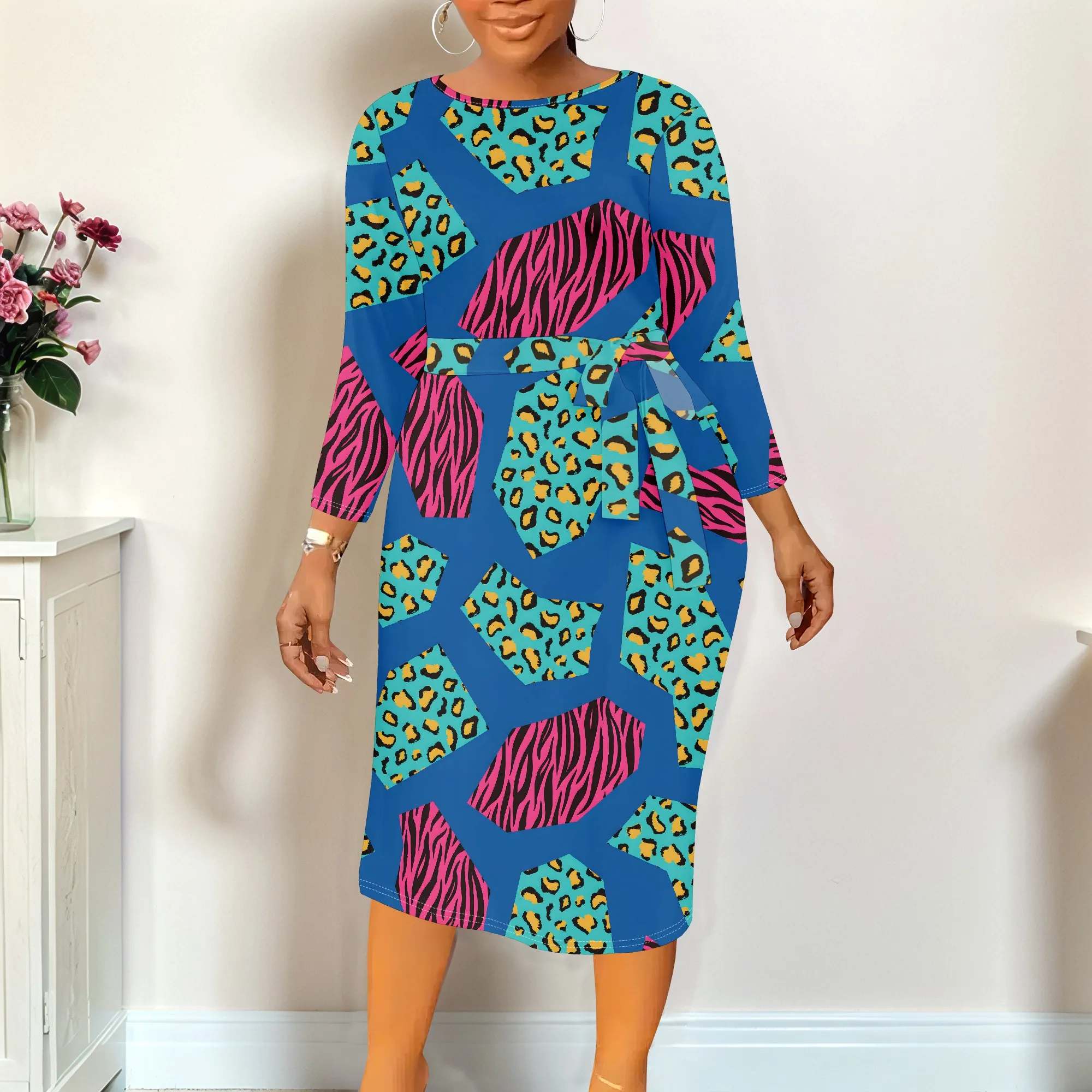 Plus size feminino verão flor impressão outono moda impressa manga comprida tripulação em torno do pescoço vestido causl com cinto