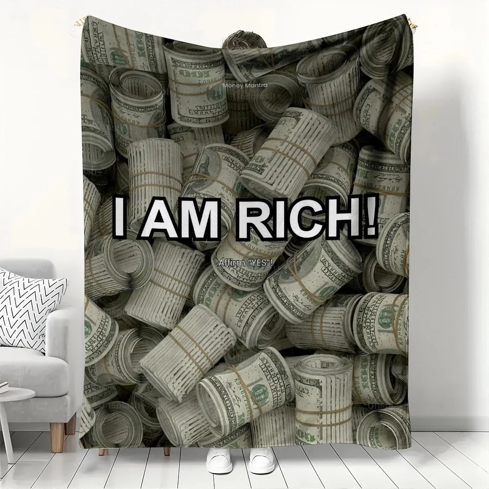 بطانية صوف تأكيد المال "I AM RICH"، بطانية رمي مطبوعة بالدولار الجريء، تحفيزية لديكور المنزل والدويل العامي #1
