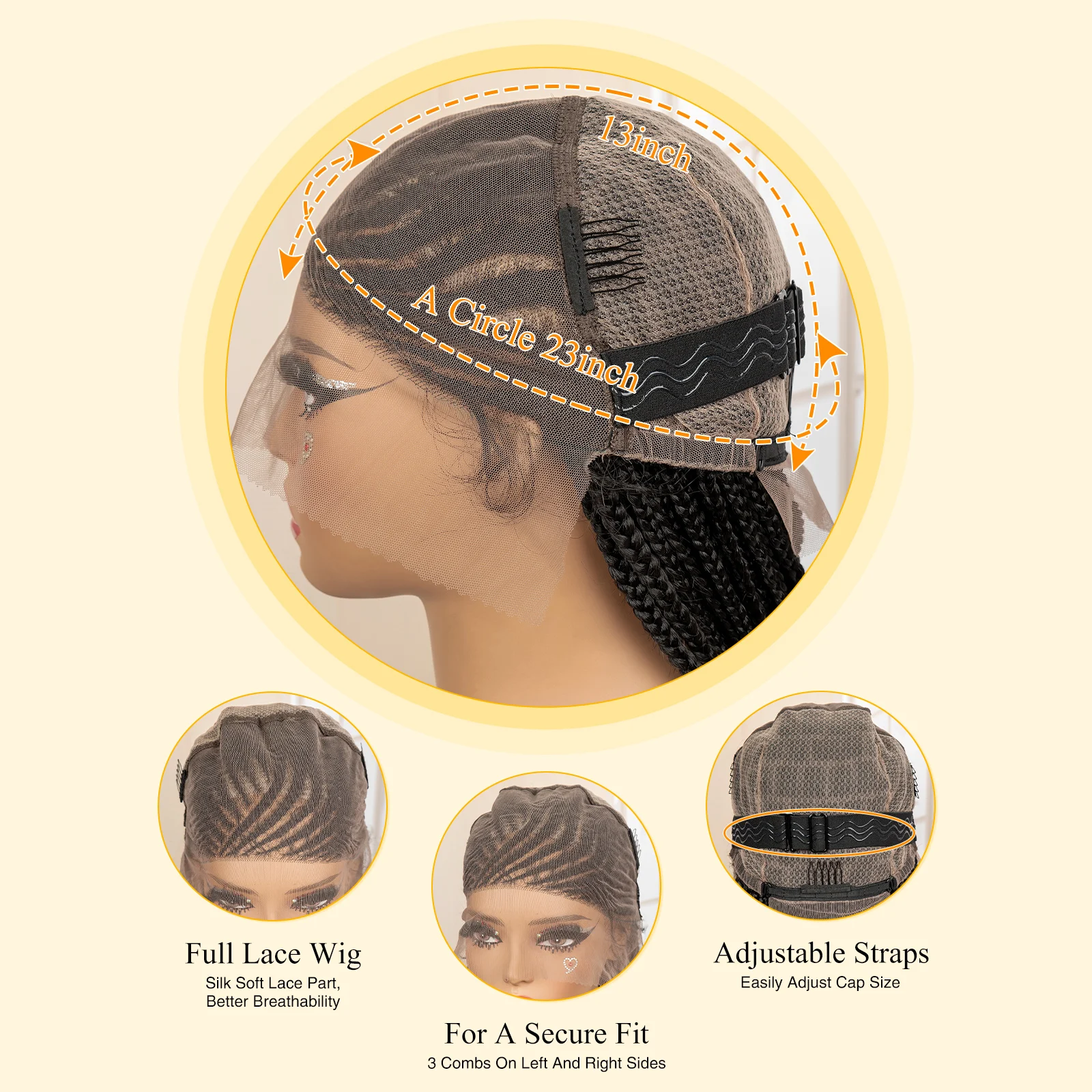 Pelucas de cabello africano, pelucas trenzadas de cornrow de encaje completo sintético, peluca con trenzas en caja sin nudos cuadradas, peluca trenzada de ganchillo para mujeres negras