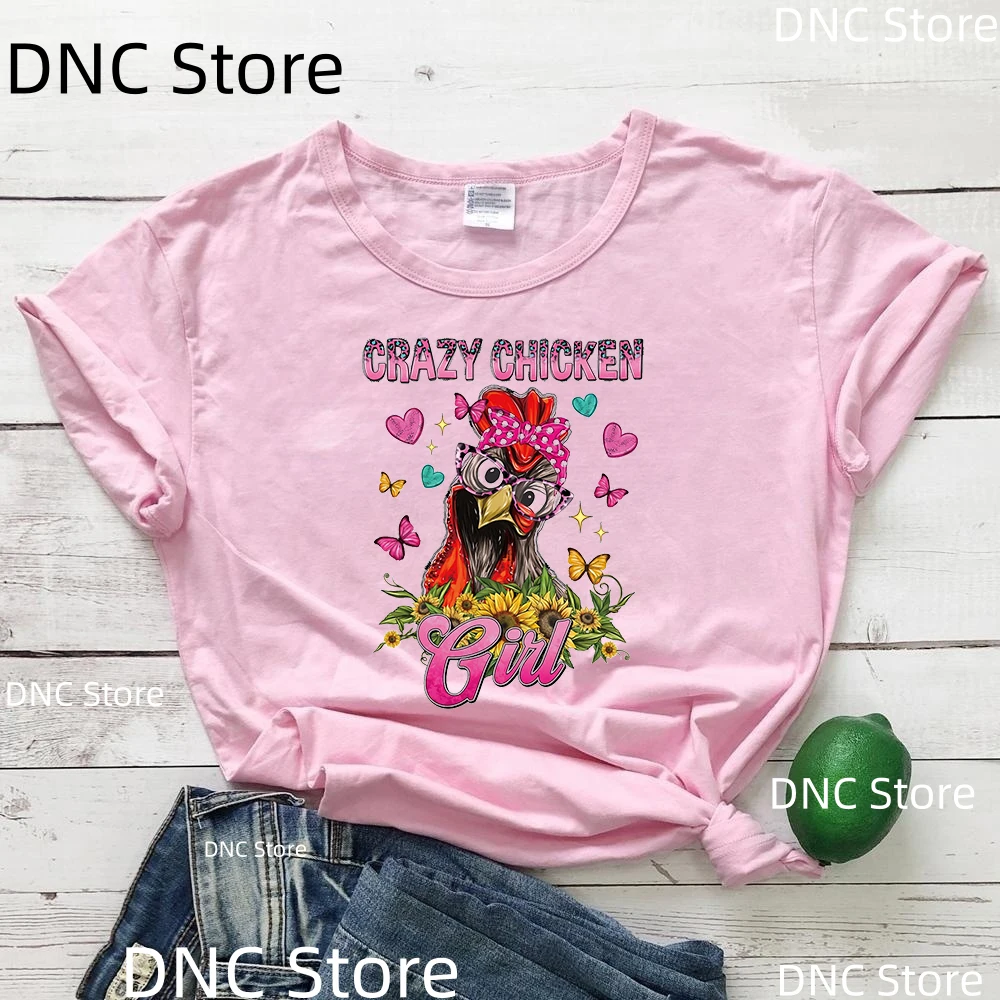 

Crazy Chicken Graphic Print Pink T Shirt Girls Love Flowers Leopard Tshirt Women Funny Casual T-Shirt Femme Summer Fashion Tops