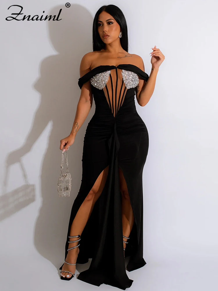 Znaiml Elegant Sequins Mesh Patchwork High Split Birthday Prom Dress Women\'s Off Shoulder Slash Neck Even Party Night Club Robes