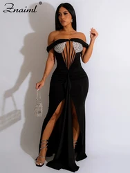 Znaiml Elegant Sequins Mesh Patchwork High Split Birthday Prom Dress Women's Off Shoulder Slash Neck Even Party Night Club Robes