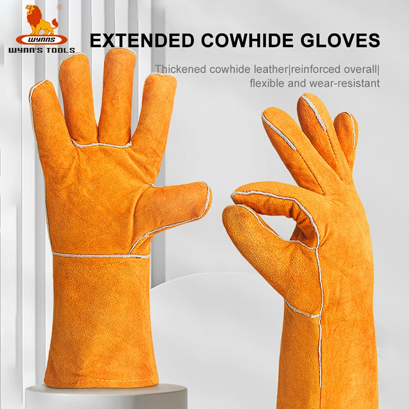 WYNN\'S 1 Pair Leather Work Gloves Cowhide Working Glove Stick Welder Heat Fire Resistant Mitts for Welding Cutting Hand Tools