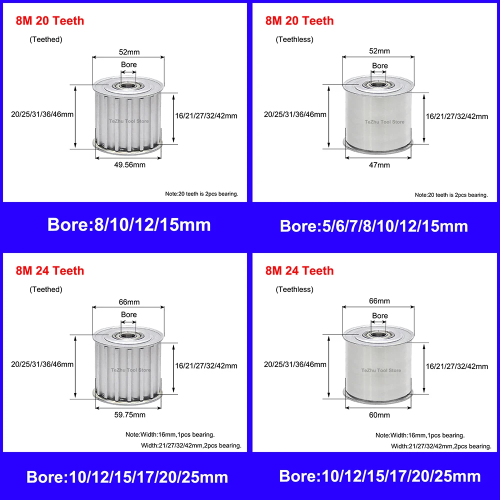 1PCS HTD8M 20 Teeth 24 Teeth Tensioner Idler Pulley Bore 5mm-25mm With Bearing For HTD 8M Timing Belt Width 15/20/25/30/40mm