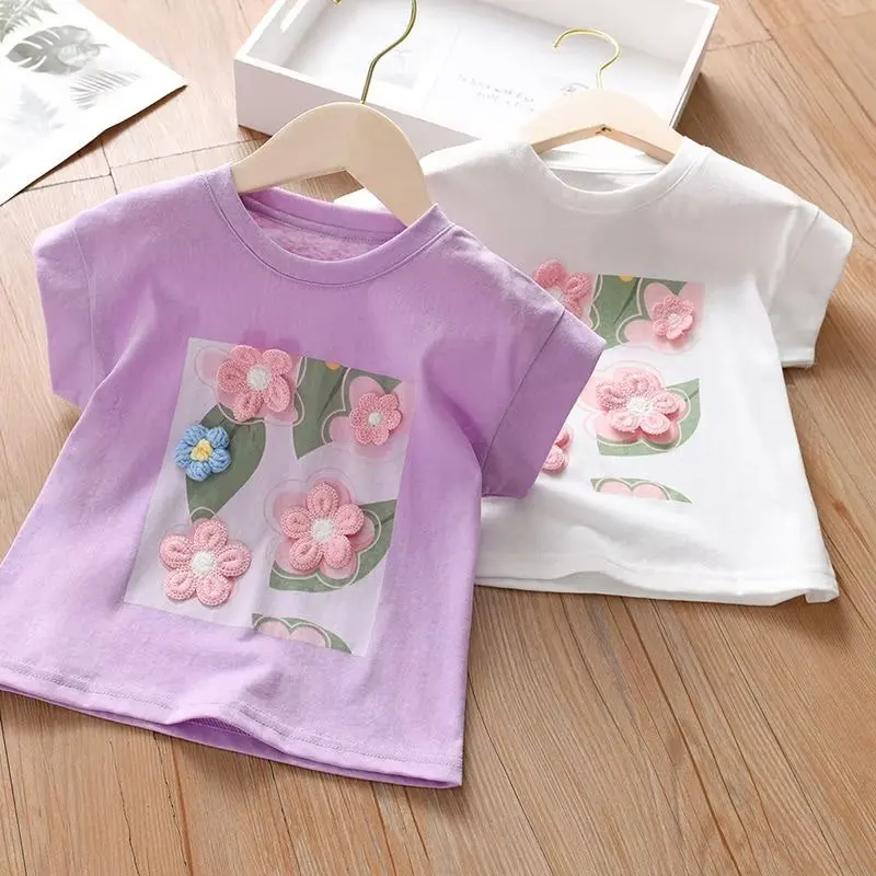 Girls Summer Flower Short Sleeve T-shirt Children\'s Sweet Round Neck Bottom Shirt Baby Cotton Comfortable Top New Fation