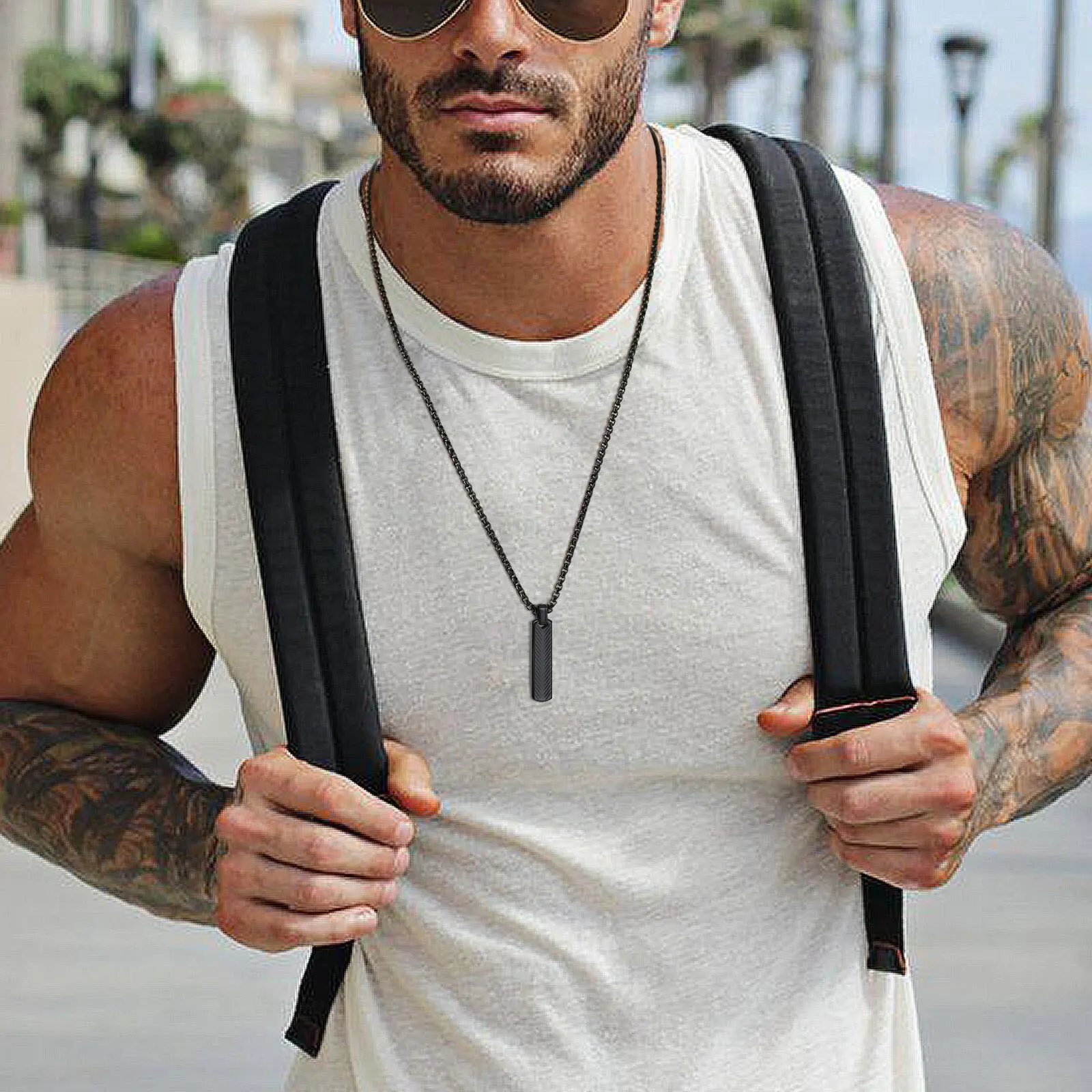 Vnox Stainless Steel Vertical Bar Pendant Necklaces for Men Boys, Black Silver Color Metal Collar, Simple Casual Jewelry Gift - Image 2