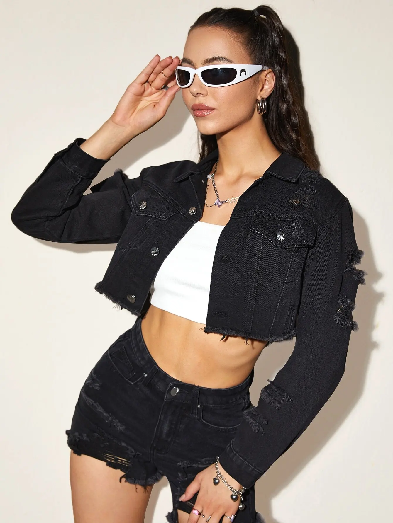 

Women's Black Frayed Hem Cropped Denim Jacket with Distressed Details