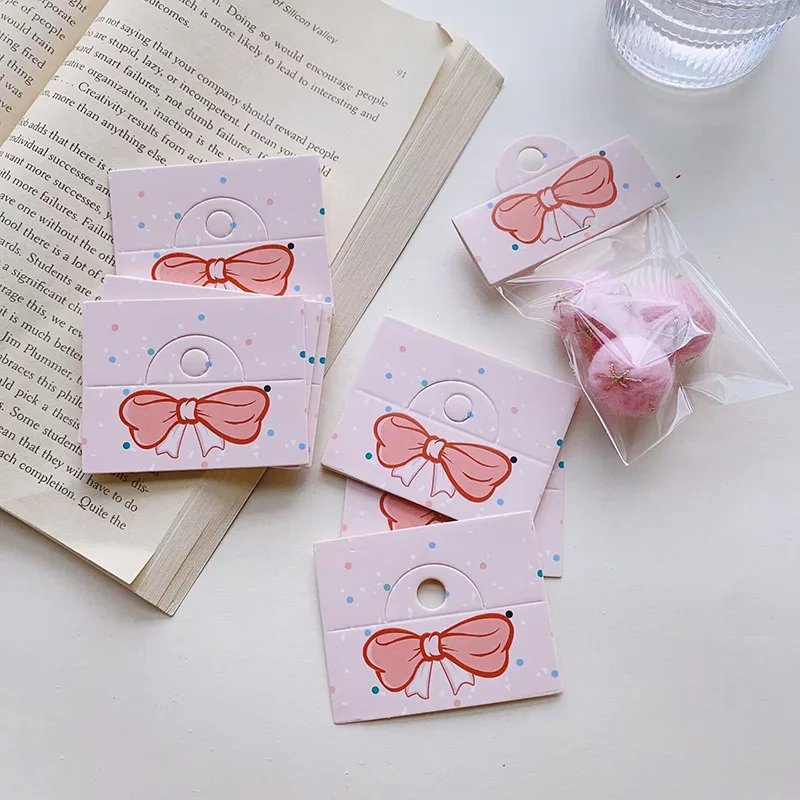 50pcs/lot 6.4x4cm Foldable Packaging Paper Cards Heart Pattern Cards for Handmade Jewelry Retail Hang Tag Pink Bow Display Label