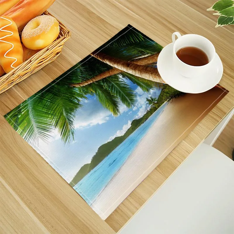 Beach Landscape Coconut Trees Print Linen Dining Table Mats Alphabet Kitchen Placemat 32X45cm Coasters Pads Bowl Cup Mat