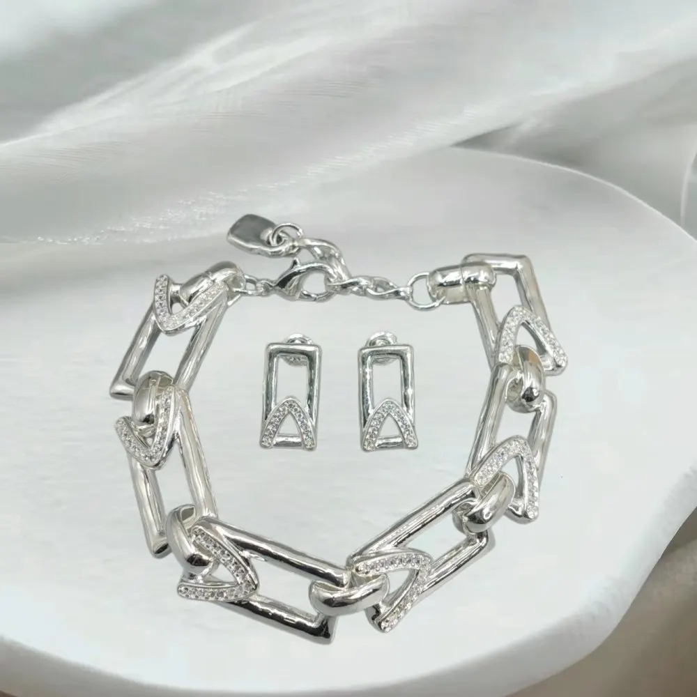 2026 Spain Shining Beautiful Gold and Silver Diamond Set Geometric Earrings Bracelet Jewelry Two Piece Surprise Gift