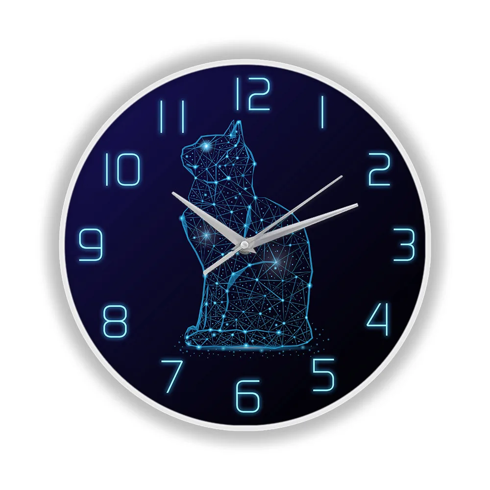 Cat in The Night Sky LED Backlight Wall Clock for Bedroom Living Room Color Changing Night Light Wall Clock Kitten Home Decor