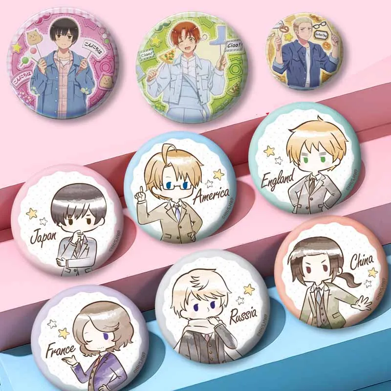 New Anime Hetalia Axis Powers Round Badges on Bag Jacket Hat Accessories Custom Cartoon Role Brooch Jewelry Pins Friend Toy Gift