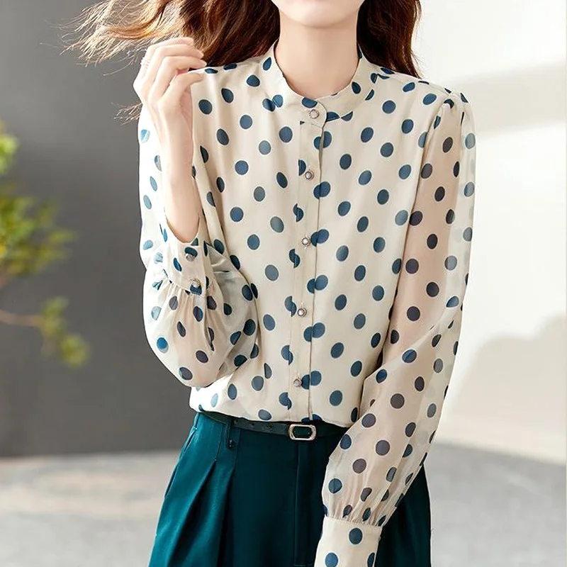 Straight Blouses Casual Printing Dot Patroon Knop Kantoor Dame Eenvoudige Modieuze Lente Zomer Temperament Vrouwen Kleding