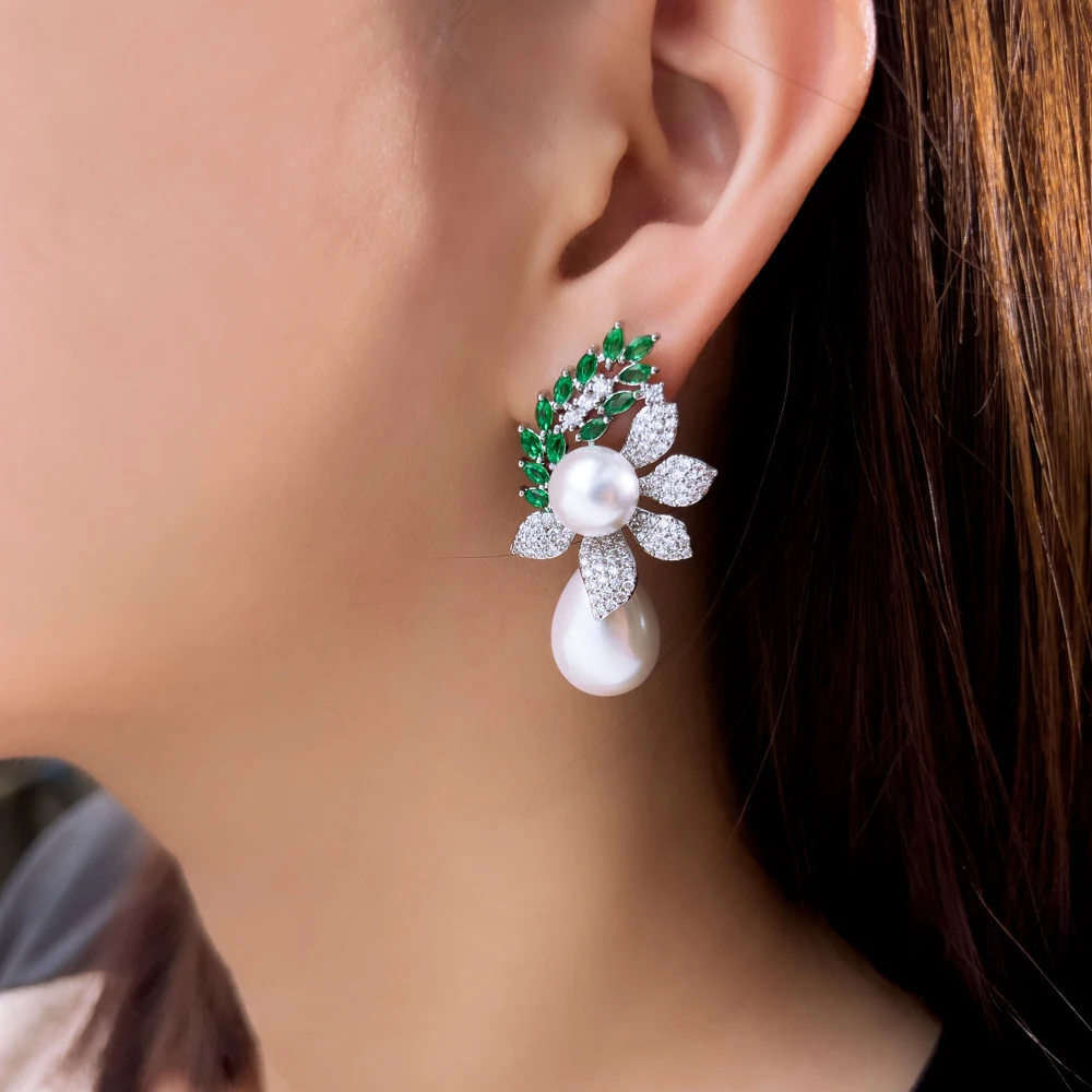 CWWZircons Symmetrical Leaf Shape Green Cubic Zirconia Long Big Water Drop Dangle Pearl Wedding Banquet Party Earrings CZ950