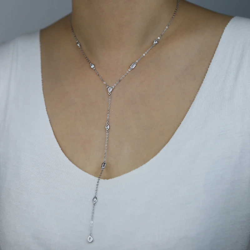 American Fashion 925 Sterling Silver White Water Drop Oval Cz Link Chain Long Sexy Ladies Y Lariat collana gioielli clavicola