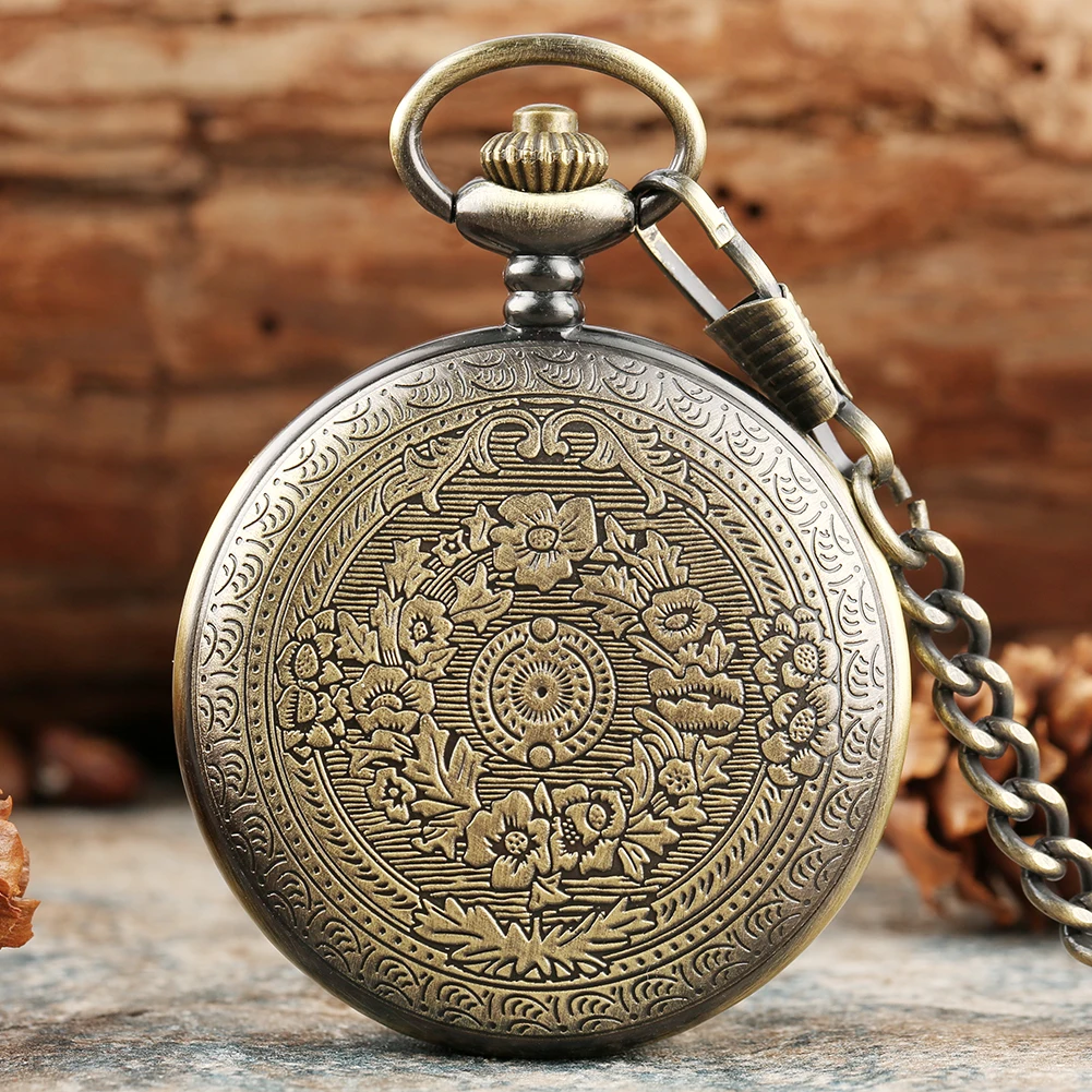 Vintage Wedding Gift Bronze/Silver Shield Pattern Full Hunter Pocket Watch with Watch Box  Roman Numerals Dial Elegant Timepiece