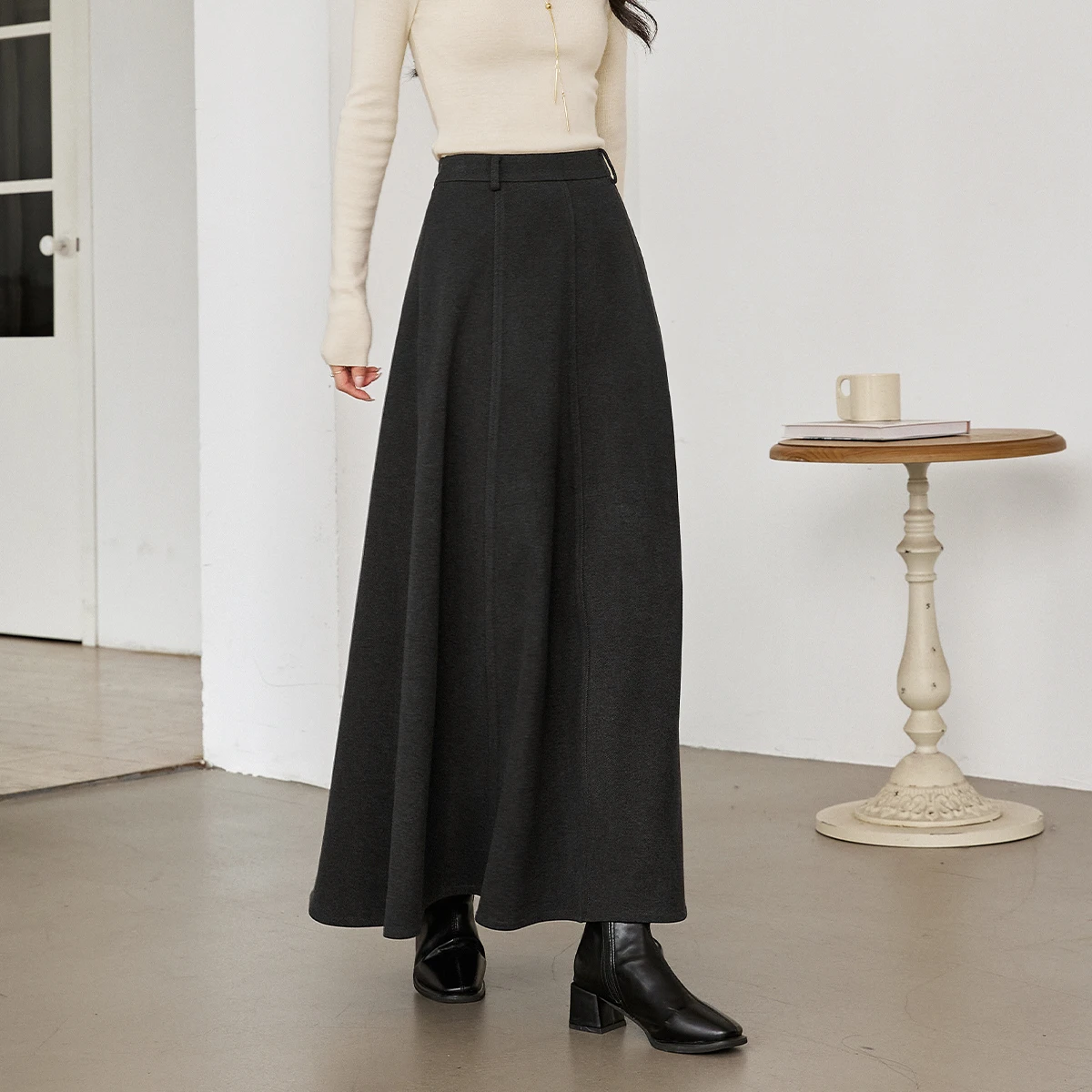 VIMLY femmes épais laine a-ligne gris jupes bureau dame hiver 2025 décontracté ourlet fendu Midi femme jupe femme vêtements M9136