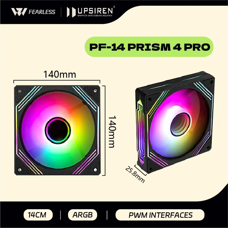 UPSIREN PF-14 PRISM 4PRO Computer Chassis Fan 140mm ARGB 4 Pin PWM Quiet Cooling Fan 12V Large Air Volume 61.5CFM/650-1800RPM