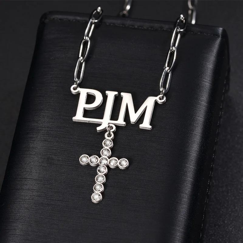 Customized Cold Wind Niche Design Sense Name English Letter Diamond Cross Pendant Necklace Women's Jewelry Fashionable Commuting