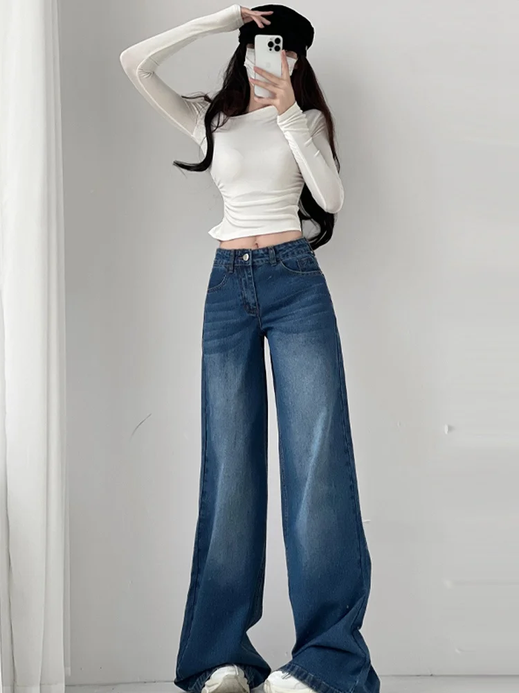 로우 웨이스트 와이드 레그 플로어 렝스 디스트레스드 데님 팬츠 여성용 블랙 아메리칸 레트로 핫 걸 롱 트라우저 슈퍼모델 다리