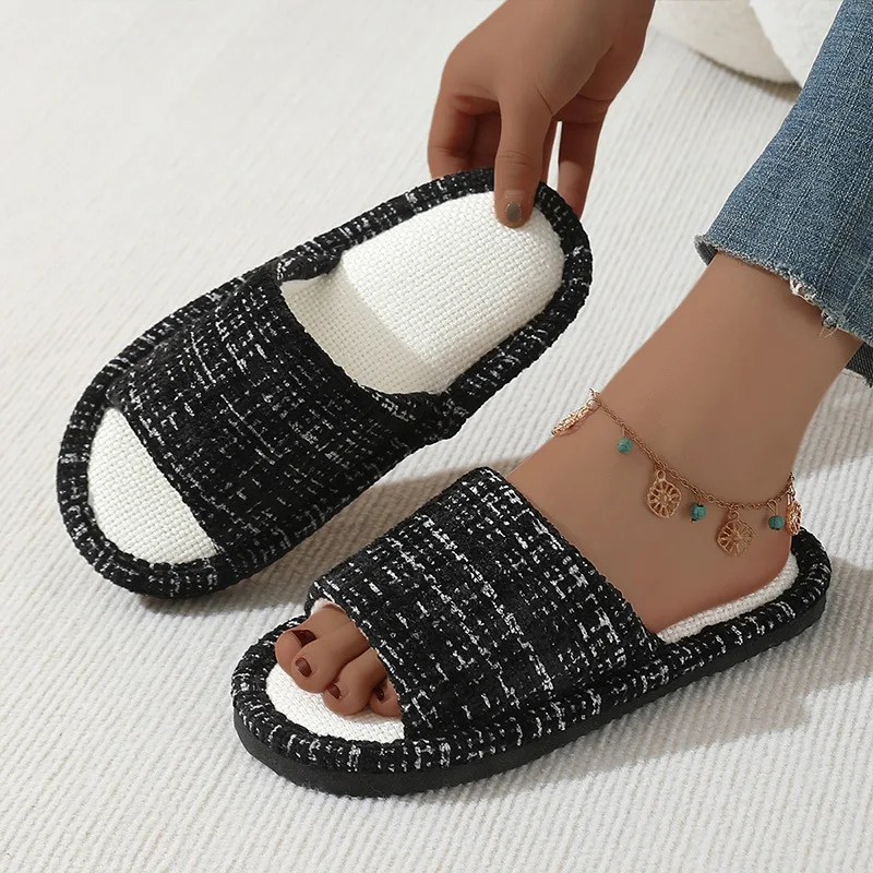 เปิดนิ้วเท้าผ้าลินินรองเท้าแตะสําหรับสตรีสบายรองเท้าแตะในร่มลื่นผู้หญิงลายห้องนั่งเล่น Unisex ชั้นสไลด์
