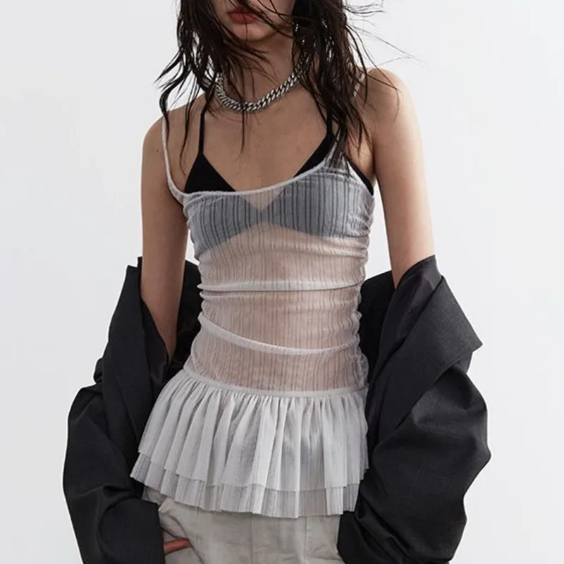 

INS Wind Top Transparent Layered Ruffle Solid Color Slim Fit Short Camisole Women Comfortable Summer Fashionable Sexy Tank Tops