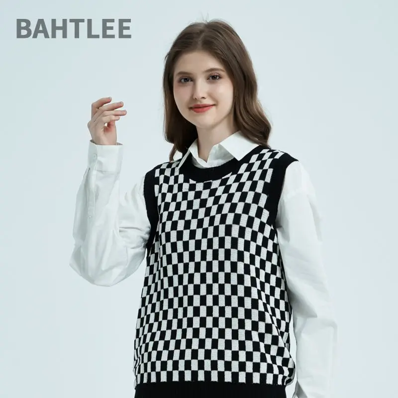 BAHTLEE-Women's Plaid Linen Sleeveless O-Neck Pullover, Checkered Knitted Sweaters, Summer T-Shirt