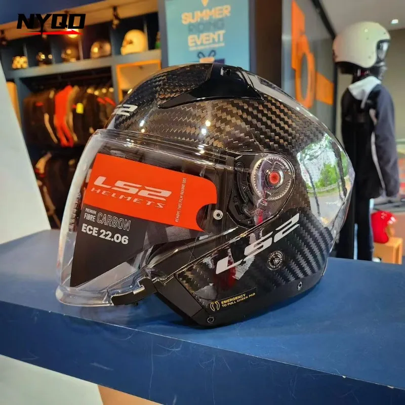 LS2 koolstofvezel motorhelm met dubbele lenzen heren en dames vier seizoenen winter elektrisch voertuig driekwart OF603