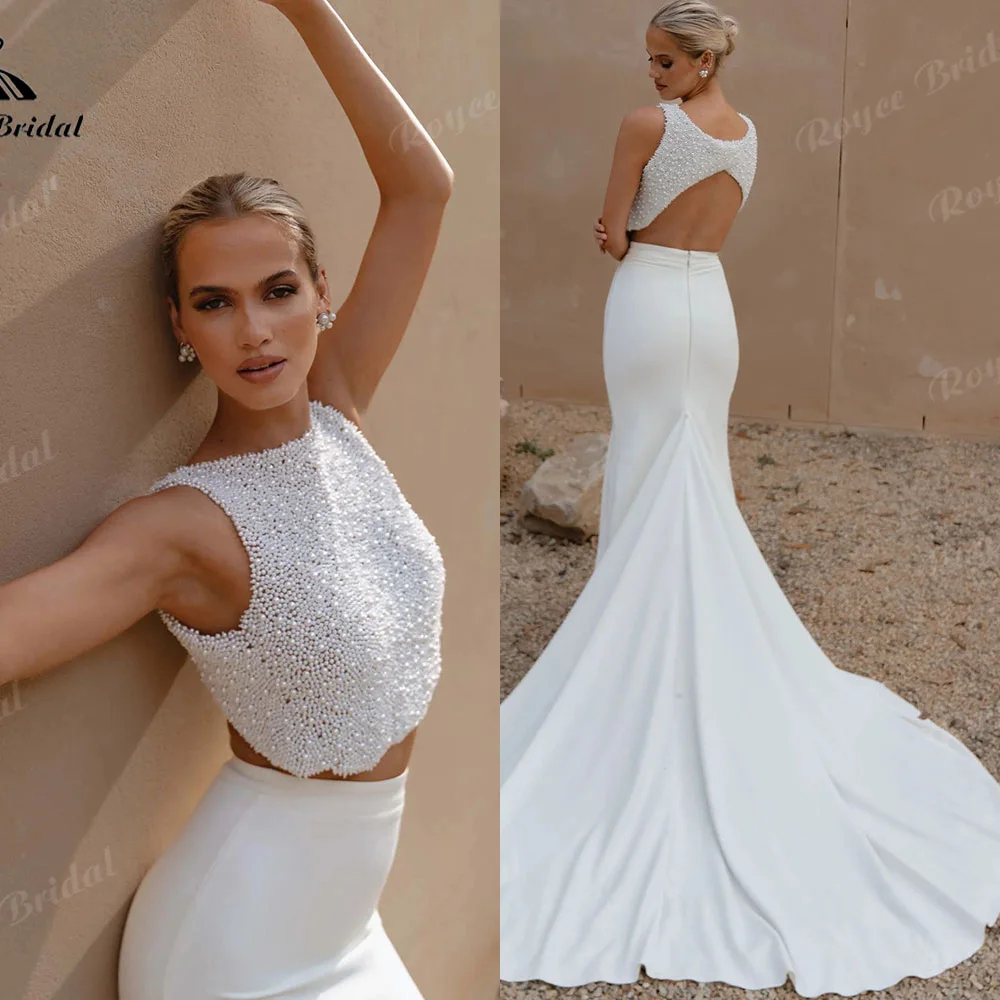 Boat Neck Fully Pearl Mermaid Wedding Dress Be Crop Top Cutout Back Satin 2 Piece Separates Flared Train Bridal Gown Customized