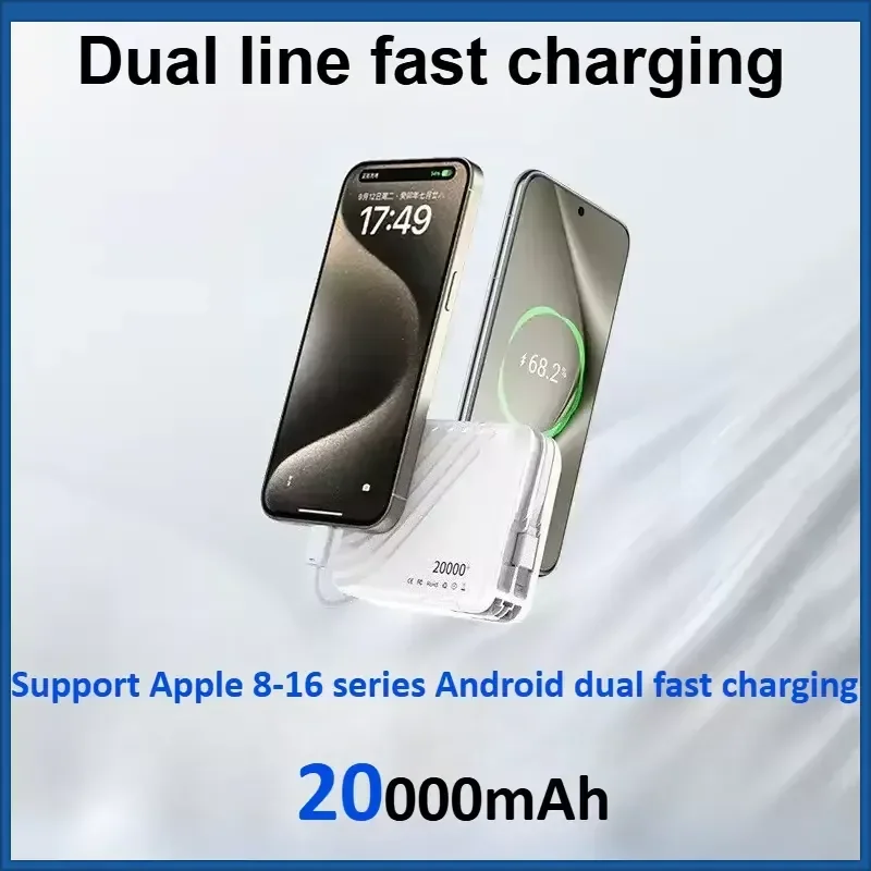20000mAh AC Plug Power Bank with Built-in Data Cable 3-in-1 Plug Portable Super Fast Charging External Battery for Apple
