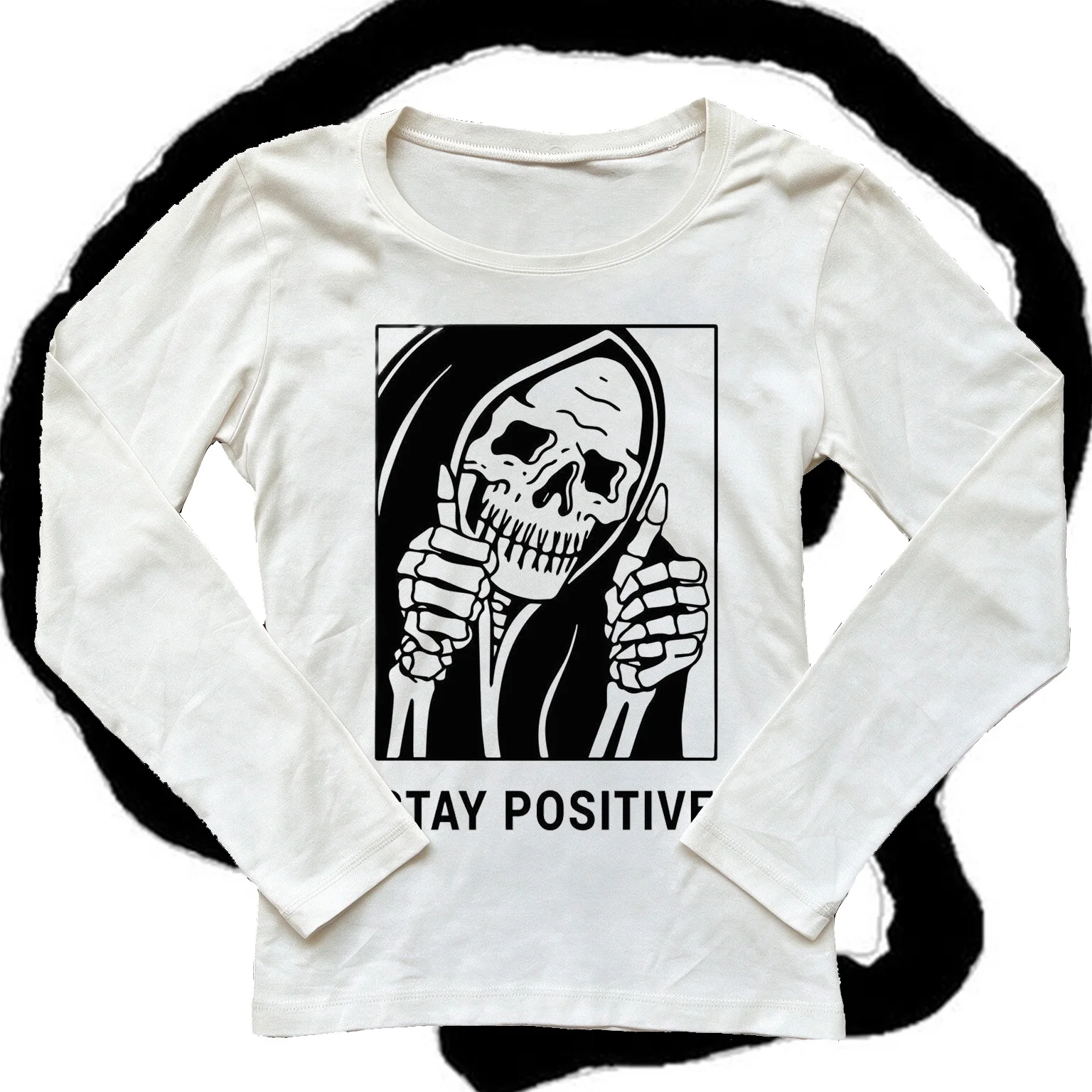 Women's Long Sleeve T-shirt Stay Positive Grim Reaper Skull Print Gothic Tee Halloween Dark Aesthetic Slim Casual Tops