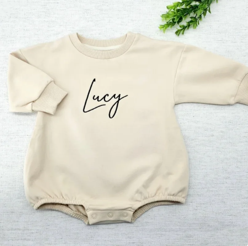 Embroidered Name Newborn Baby Girl Boy Solid Color Cotton Romper Infant Toddler Long Sleeve Jumpsuit Spring Hoodie Baby Clothes