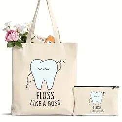 2Pcs Tooth and Dentist Graphic Aesthetic Funny Fashion Handbags Shoulder Bags Casual Shopping Girls Handbag Women Elegant Canvas