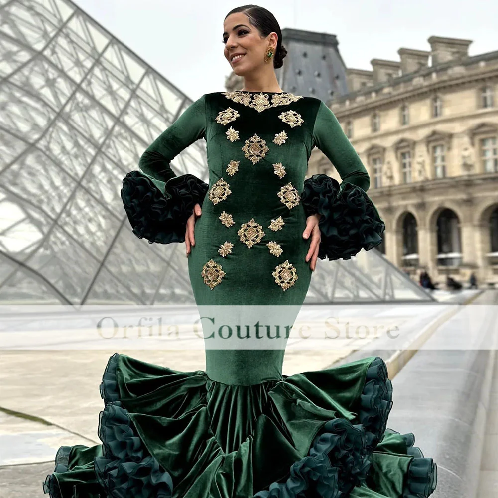 Gypsy Girls Dancing Prom Dress for Women Long Sleeves Green Velvet Beads Formal Party Gowns Ruffles Evening Gowns Custom