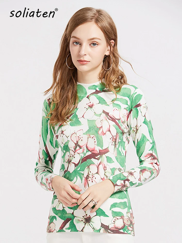 Green Floral Print Tops Fall Winter Women Mock Neck Long Sleeve Pullover Sweater Slim Stretchy Tee Casual Clothes  B-022