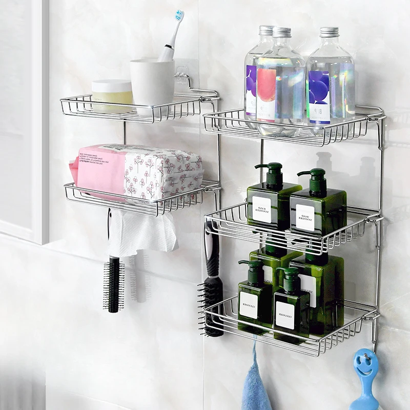 

Bathroom Shelf Organizer Storage Wall Mounted Shelves Kitchen Shower Rack Stainless Steel Shampoo Holder Drain Water Accessories