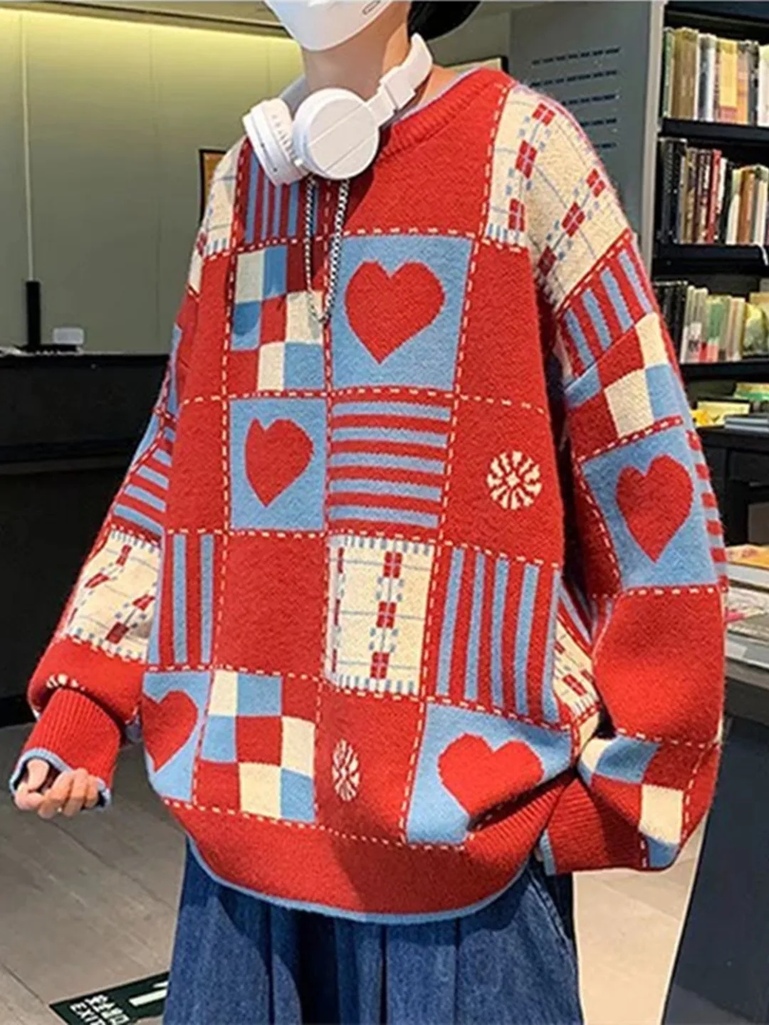 

Retro American Plaid Heart Pattern Men's Sweater Red All-Match Knitted Coat Casual Autumn Winter Laid-Ba Sle Couple's Wear