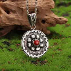 Vintage Red Gemstone Lotus Necklace Pendant Women Fashion Ethnic Style Party Jewelry Girls Gift