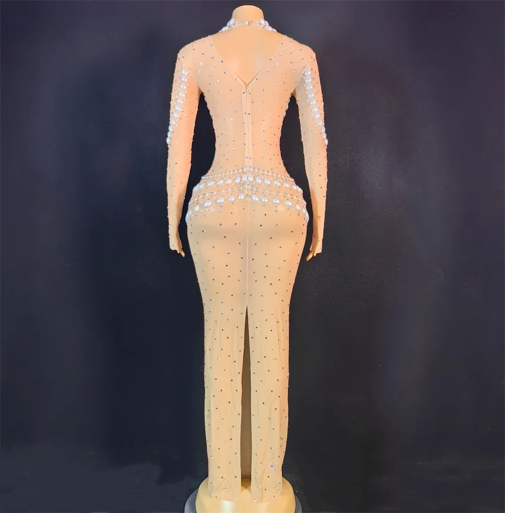 진주 럭셔리 생일 드레스 여성 고고 댄서 의상 가수 호스트 무대 착용 긴 소매 슬림 롱 드레스 반짝이 의상 yj591