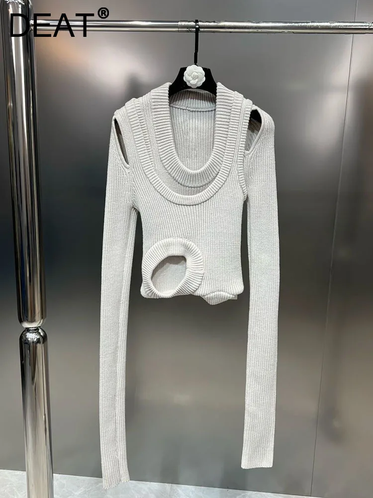 DEAT 2024 Spring Fashion Beautiful Simple Hollow Out Design Knitted Pullover Women's Slim O-neck Long Sleeve Sweater 11P01367