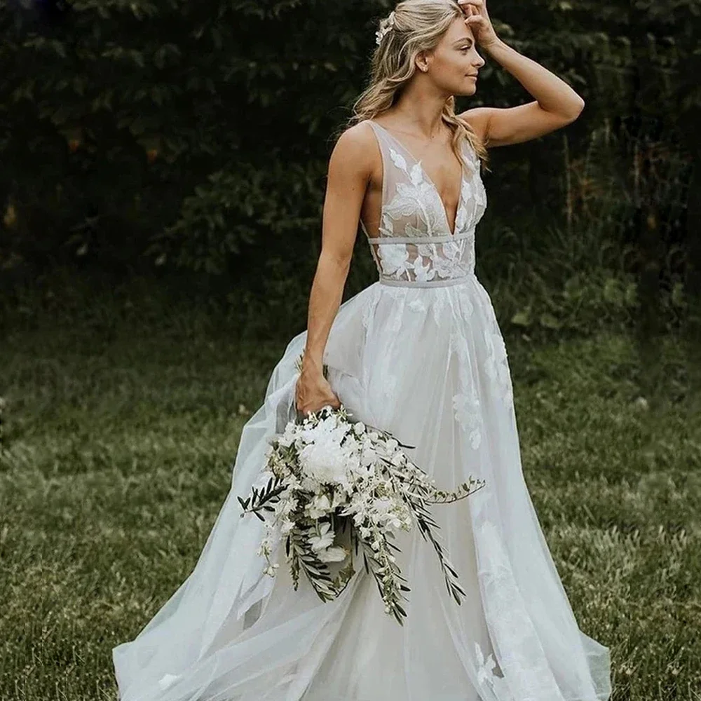 

Customized MYYBLE Cheap V-neck Tulle Wedding Dress 2022 Boho A-line Backless Elegant Long Customized Appliques Sexy Bridal Dress