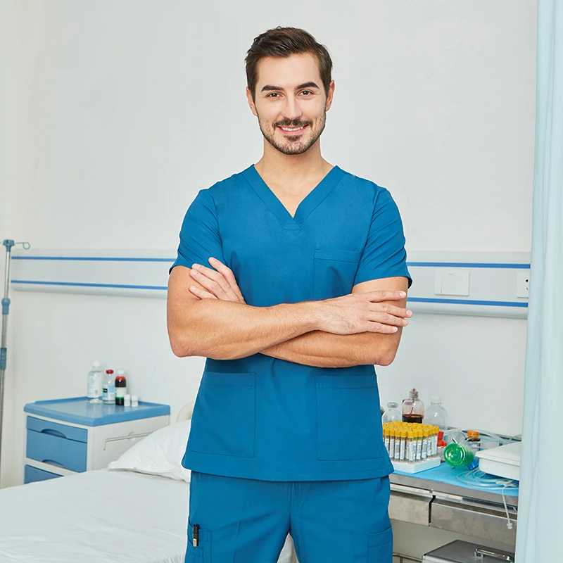 زي الطبيب الرجالي أطقم فرك الجراح الطبي للأسنان مساعد طب الأسنان ملابس العمل ملابس السلامة الصحية 8020