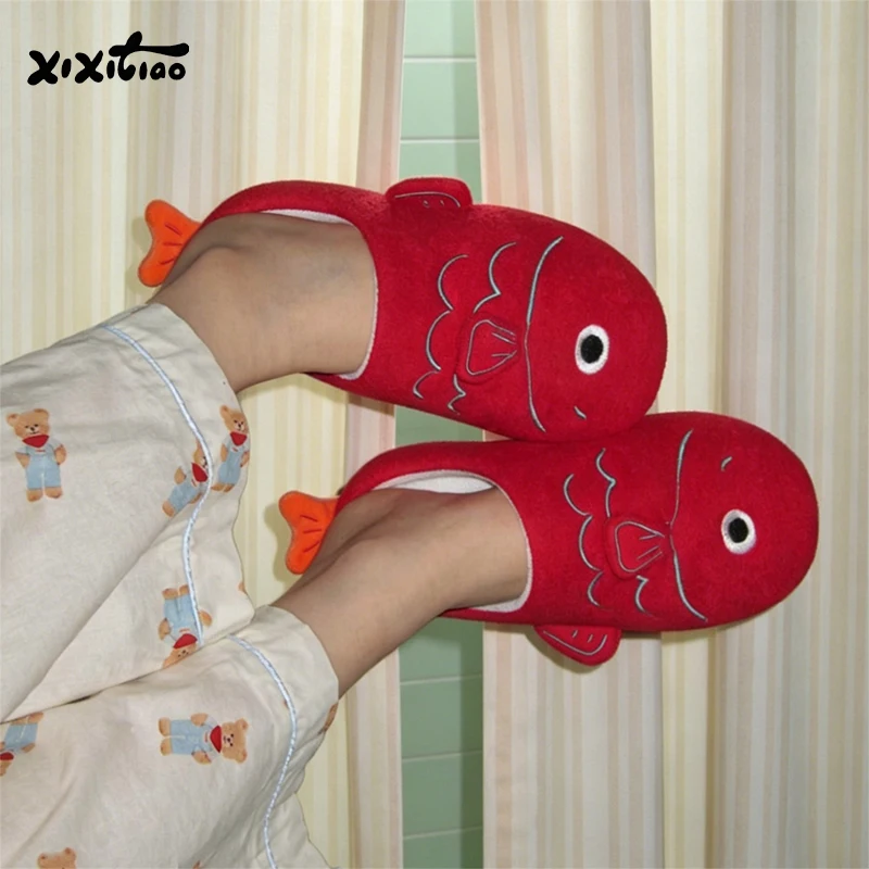 XIXITIAO Women's Cartoon Indoor Slippers Autumn Winter Fashion Festive Cute Red Carp Light Home Closed-toe Flats Anti-slip Shoes
