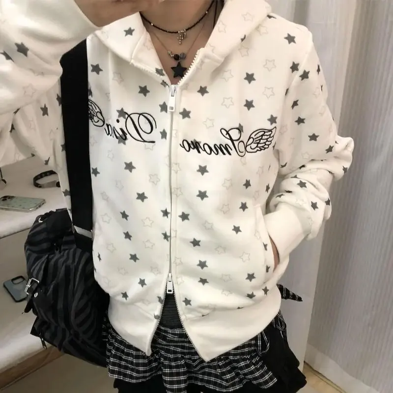 ファッションレター刺繍パーカー女性服アメリカンスタープリント秋冬フリースフード付きカジュアルジッパースウェットシャツ