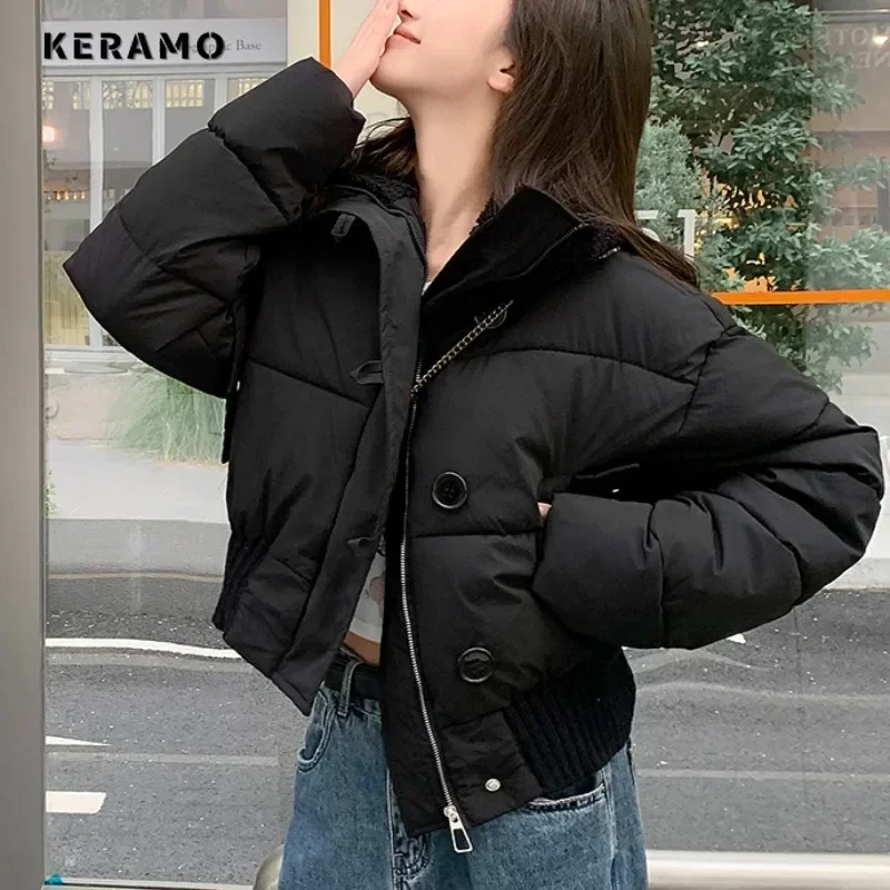 Women Casual Sweet Long Sleeve Single Breasted Parkas 2024 Winter Y2K Short Outerwear Jacket Fashion Warm Solid Color Thick Coat