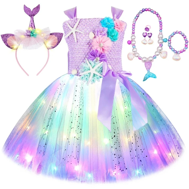 Princess Mermaid Dress for Girls Led Light Up Ocean Themed Birthday Party Tutu Dress Clothes Halloween Costume for Kids Vestidos