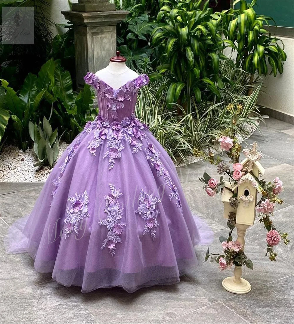 3D Floral Sticker Fluffy Flower Girl Dress Wedding Off Shoulder Tie Fluffy Trailing Princess Party Back To School Holiday Dress